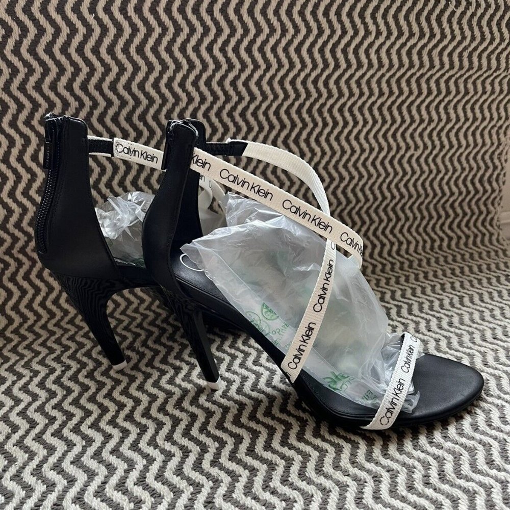 Calvin Klein Women Black High Stiletto Heels Open Toe With White Stripes Size 8